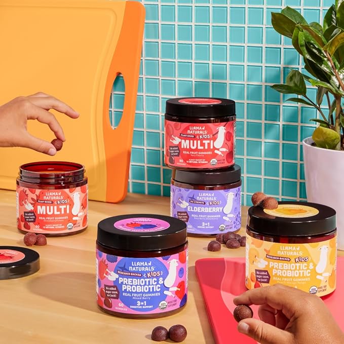 Llama Naturals Kids Probiotic with Prebiotic Fiber, Vegan, Organic Prebiotics and Probiotics Gummies for Gut Health Support, Toddler Real Fruit Gummy Vitamins, No Added Sugar Cane, Peach Mango, 120 Ct