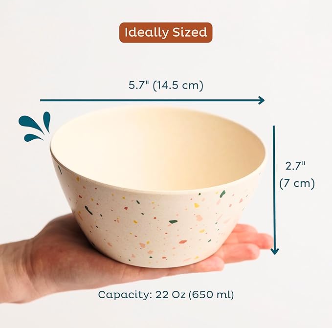 Nook Theory 4 Pack Bamboo Bowls - 22 Oz Reusable Bowl, Dishwasher Safe - Not Microwavable Bamboo Dishes (Confetti)