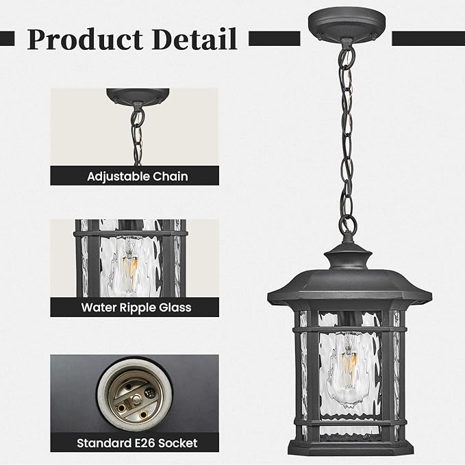 Outdoor Pendant Light Fixture Hanging Porch Light with Adjustable Chain Aluminum Frame with Tempered Water Ripple Glass Hanging Lantern for Front Door Porch Garden and Backyard