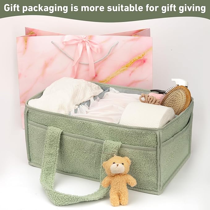 Diaper caddy, wipes, and baby essentials. Versatile as a changing table organizer or car caddy. Portable and stylish in green. Comes with a gift bag—ideal for baby showers