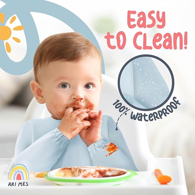 ARI MES Long Sleeves Waterproof Baby Bibs for Eating - Green, Medium- Wearable, Coverall for Toddler, Long Sleeve Bib, Smock Apron for Feeding - Applicable for 6-72 Months