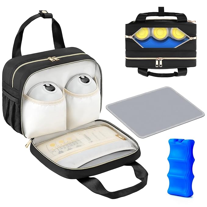 PIIOSER Breastmilk Cooler Bag with Ice Pack, Compatible with Wearable Breast Pumps & Accessories - Portable Pumps Carrying Case for Nursing & Working Moms, Black