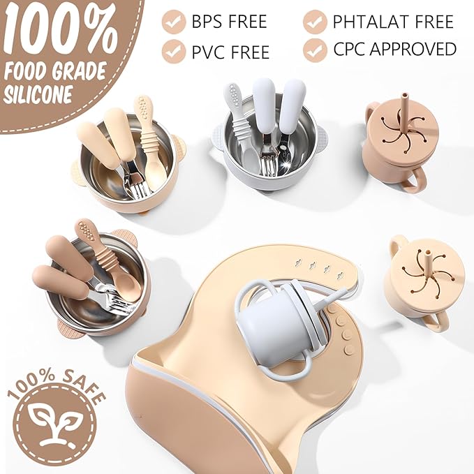 Yinder 15 Pack Silicone Baby Feeding Set Include Baby Bowls Spoons Forks Adjustable Bib Tiny Cups for Babies Toddlers Kids Self Feeding Eating Utensils Weaning Supplies(Brown/beige/gray)