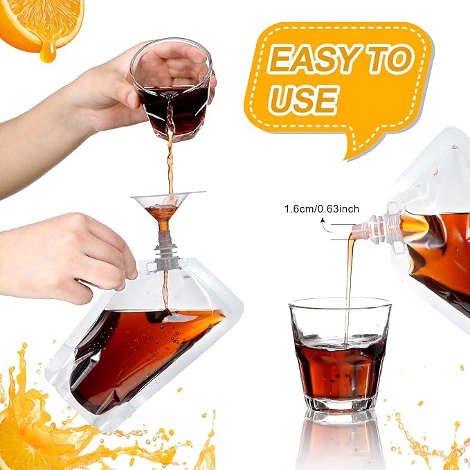 Meanplan 100 Pcs Plastic Pouches Bulk Reusable Squeeze Pouches Clear Plastic Juice Leak Proof Bags with Funnel for Party Favors Supplies(16 oz,Inclined Mouth)
