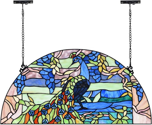 Bieye W10093 Peacock in Garden Tiffany Style Stained Glass Window Panel for Home Decor (Blue, 24Wx12H Half-Round)