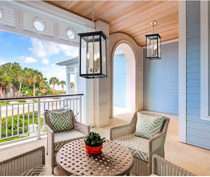 3-Lights Large Outdoor Pendant Lighting Clear Glass, Ceiling Porch Light Fxitures Adjustable Chain for Foyer Patio, Exterior Hanging Lantern Lamp, E12 Bulb Base, Black & Bruhed Brass