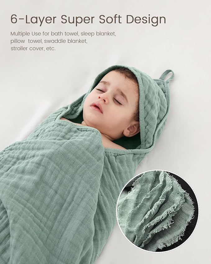 Hooded Baby Towels for Newborn, 35x35 Inch 2 Pack 100% Muslin Cotton Baby Bath Towel with Hood for Baby Toddler and Kids Baby Boy & Girl Towels, Dusty Pink+ Roman Green