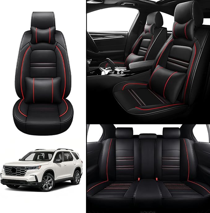 Car Seat Covers for Honda Pilot 2003-2025 | 5-Seats Seat Covers, Waterproof Seat Protectors, Automotive Seat Covers (Full Set with Pillow,Black&Red Line)