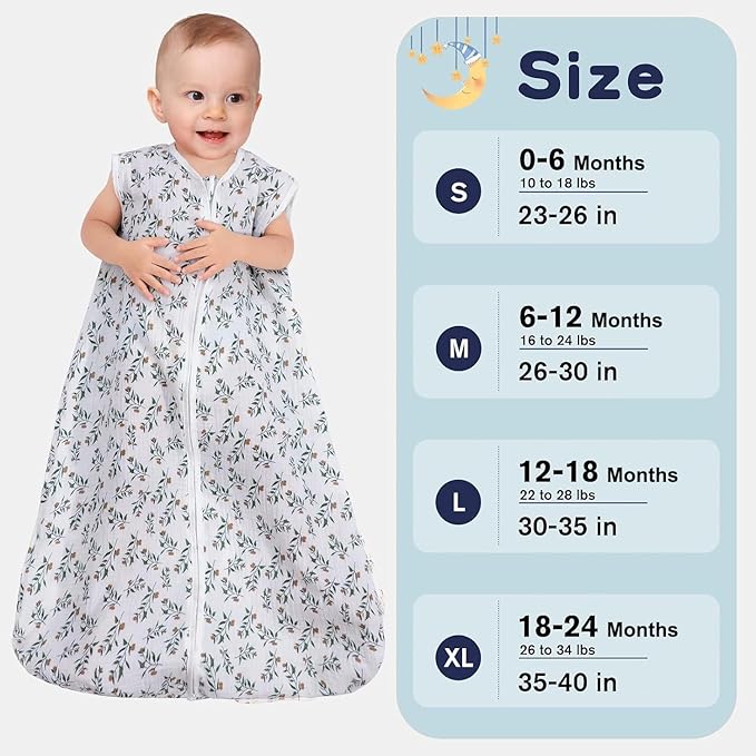 2 Pack Baby Sleep Sack 18-24 Months 100% Organic Cotton Muslin Baby Sleeping Bag 2-Way Zipper Wearable Blankets (Rainbow & Leaf, X-Large)