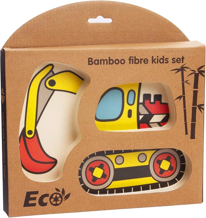 Kid Plate Set Toddler Plates Dinnerware Dinner Dish Set Baby Feeding Spill Proof Divided Plate - Baby Spoon and fork 3-Piece Set Teaches Child Portion Control (excavator/crane)