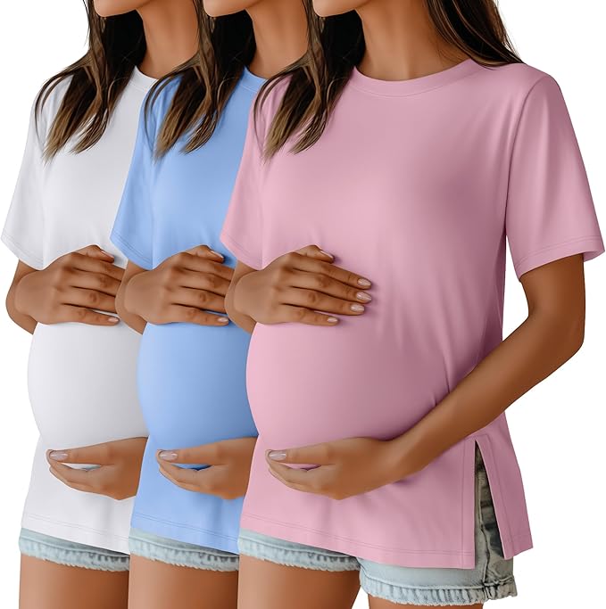 Ficerd 3 Pack Women's Maternity T Shirts, Short Sleeve Side Split Pregnancy Tops Casual Crew Neck Pregnant Tees Mama Clothes