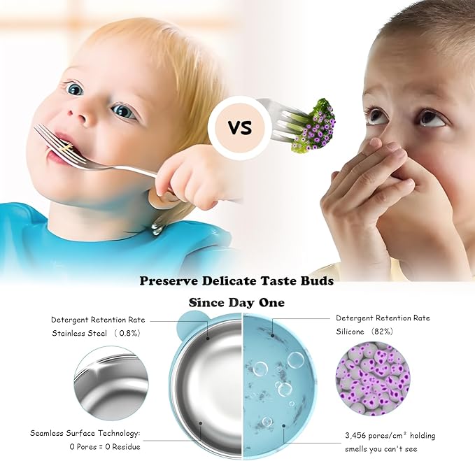 Stainless Steel Baby Bowls with Suction, 2-in-1 SUS304 Toddlers Bowl & Removable Silicone Suction Kids Bowl, Non Toxic Snack Container for Baby Food Feeding, Soft Blue/Sage/Pink/Gray Set of 4
