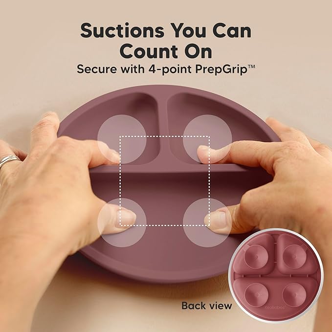 KeaBabies Suction Plates with Lids for Baby - 3-Pack 100% Silicone Toddler Plates with Suction, Divided, BPA-Free Baby Led Weaning Essentials for Kids, Dishwasher, Microwave Safe, Durable (Burgundy)