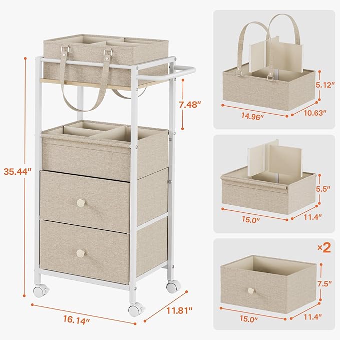 Baby Diaper Caddy Organizer Cart with Drawers - 3In1 Rolling Storage Cart with Wheels, Removable Diaper Caddy, Detachable Dividers - for Crib, Bedroom, Art & Craft Organizer (Off White)