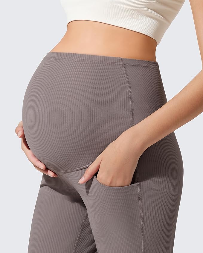 G4Free Ribbed Maternity Flare Yoga Pants with Pockets Over The Belly Pregnancy Bell Bottom Leggings