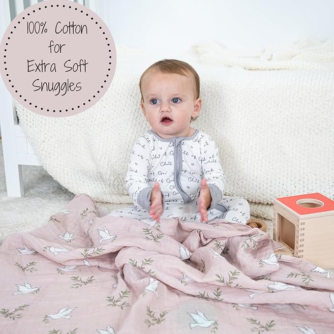 LollyBanks Baby Blanket, 100% Cotton Muslin Swaddle, Soft 47 x 47 Inches for Girls, Nursery Essentials, Registry (Dove Print)