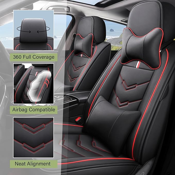 Leather Car Seat Covers Fit for LR Range Rover 2022-2025, 5 Seater Waterproof and Wear-Resistant Seat Cover Interior Accessories(Full Set with Pillow,Black&Red)