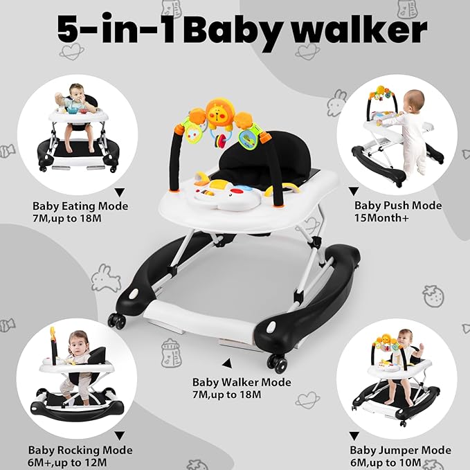 Baby Walker, 5-in-1 Baby Walkers for Boys and Girls 6-12 Months with Bouncer, Removable Footrest, Feeding Tray & Music, Foldable & Adjustable Activity Walker for 6-18 Months Toddler Infant
