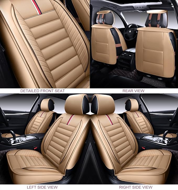 OASIS AUTO Car Seat Covers Premium Waterproof Faux Leather Cushion Universal Accessories Fit SUV Truck Sedan Automotive Vehicle Auto Interior Protector Front Pair (OS-001 Tan)