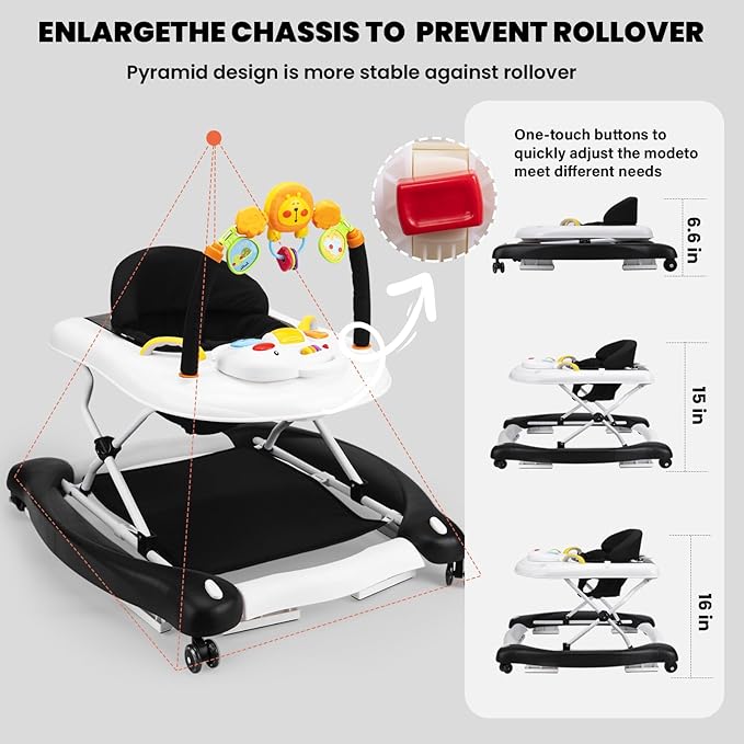 Baby Walker, 5-in-1 Baby Walkers for Boys and Girls 6-12 Months with Bouncer, Removable Footrest, Feeding Tray & Music, Foldable & Adjustable Activity Walker for 6-18 Months Toddler Infant