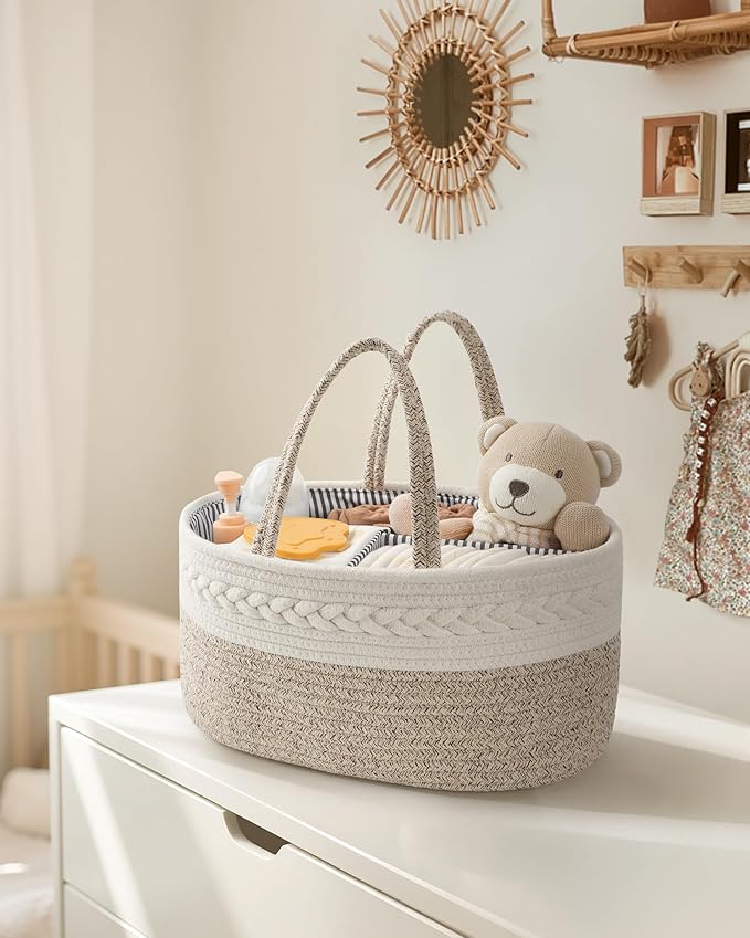 Maliton Extra Large Baby Diaper Caddy Organizer, Cotton Rope Nursery Basket, Portable Diaper Organizer for changing table, Car, Diaper Storage Organizer for Baby Stuff, Baby Shower Gifts for Newborn