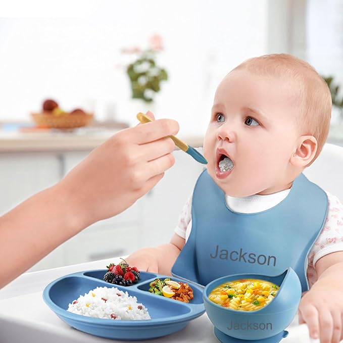 Personalized Silicone Baby Feeding Set with Name, Customized Baby Led Weaning Supplies Self Feeding Eating Utensils with Spoon, Fork, Silicone Suction Bowls, Cup, Plate Off-white