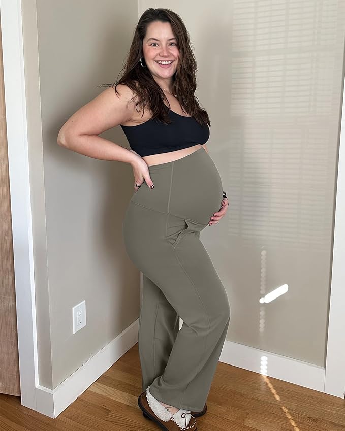 G4Free Maternity Pants Over The Belly Yoga Dress Work Pregnancy Pants Stretchy Lounge Wide Leg Trousers with Pockets