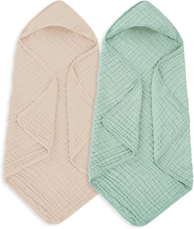 Muslin Hooded Baby Towels 100% Cotton ，Super Soft Muslin Baby Bath Towel - 32 x 32 Inches, Suitable for Newborn and Young Children up to 3 Years Old. (Beige & Green)