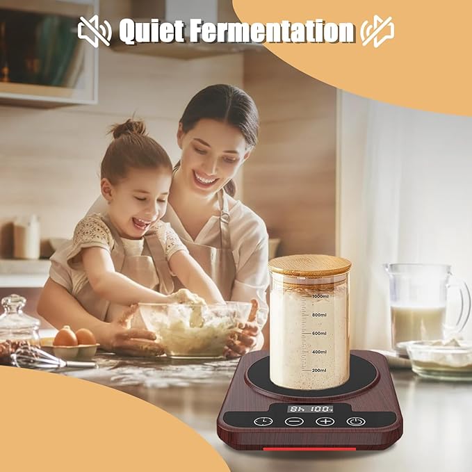 Sourdough Starter Warmer Mat, 12H Timer Warming Heating Pad, Precise 1°F Thermostat Control (70-100°F), Smart Memory Warming On/Off, Fits Jars Up to 40oz, Perfect for Home Baking (Wood)