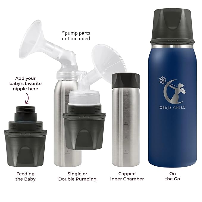 CERES CHILL OG Breastmilk Chiller, Reusable Storage Container, Up to 34 oz. - Bottle Cooler Keeps Milk at Safe Temperatures for Up to 20 Hours, Connects w/Most Pumps (Navy Blue)