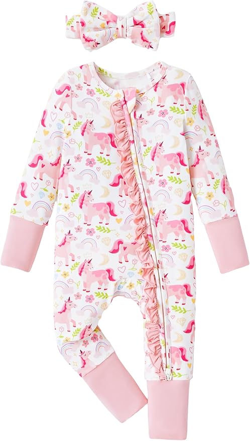 PATPAT Baby Girl Boy Clothes Newborn Infant Footie – Soft Viscose from Bamboo– 2-Way Zipper, Fold-Over Mitten, Ruffle Trim