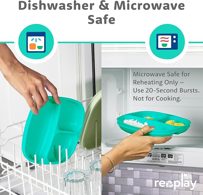 Re-Play Toddler Plates with Dividers - Deep-Walled 3 Compartments Divided Plates for Kids with 1 Lid - Dishwasher & Microwave Safe - Made in USA - Set of 3-7.37" x 7.37" x 1.25
