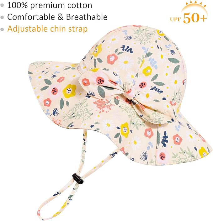 Baby Girl Sun Hat with UPF 50+ Outdoor Adjustable Beach Hat with Wide Brim Bucket Hats