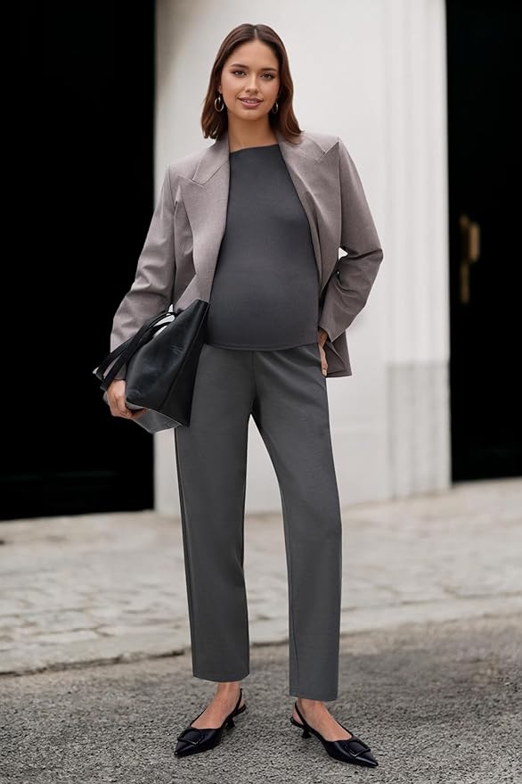 OUGES Womens Stretchy Maternity Over Belly Casual Work Straight Leg Pants Ankle Business Office Trousers with Pockets