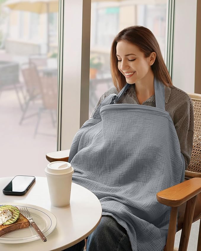 Blissful Diary Muslin Nursing Cover for Breastfeeding, Breathable Breastfeeding Cover up with Arch Neckline for Women, Nursing Apron (Light Grey)