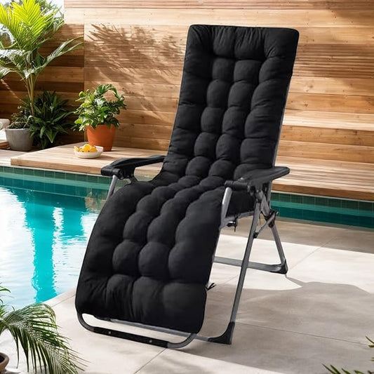Extra Wide 69x19 Inch Patio Lounge Chair Cushion, Thick 4" Comfort & Non-Slip Pad with Secure Ties, Waterproof Chaise Lounge Cushion for Zero Gravity Chairs, Outdoor Indoor Furniture (Black)