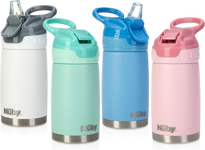 Nuby Thirsty Kids No Spill Flip-It Reflex Stainless Steel Travel Cup or Water Bottle - 10 Oz - 18+ Months - Aqua Mint - Back to School Essentials