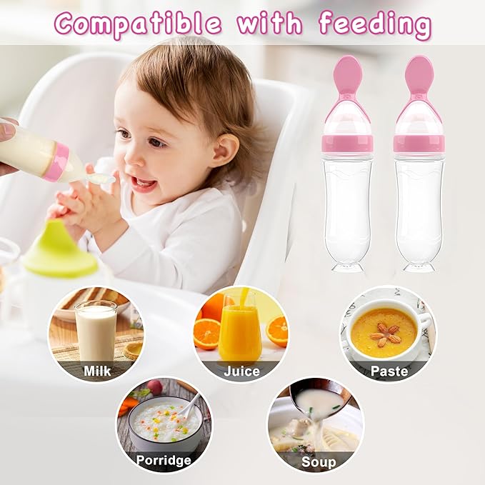 WAJIAYON Baby Food Feeder 4 Pack Silicone Baby Food Dispensing Spoon-3 oz Squeeze Feeding Spoons with Suction Cup for Boys Girl Kids Toddlers - Self Feeding Bottle Spoon-Pink