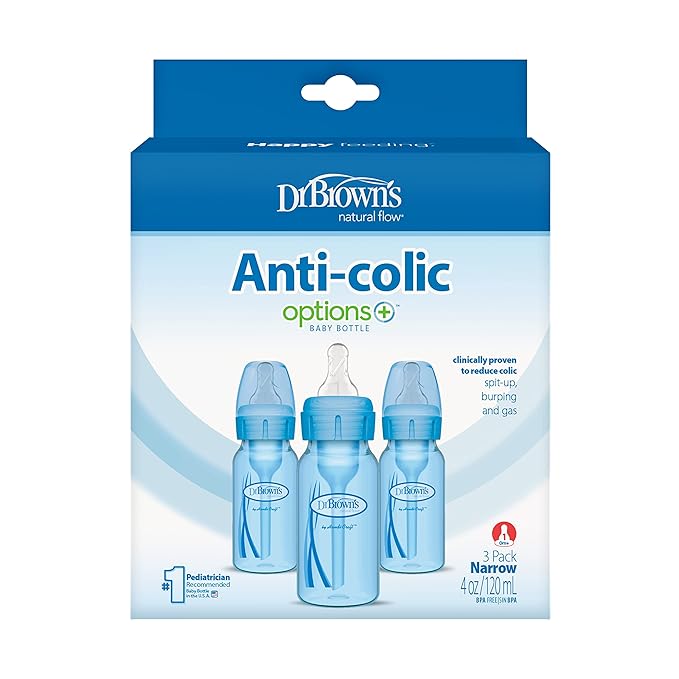 Dr. Brown's Natural Flow Anti-Colic Options+ Narrow Baby Bottles 4 oz/120 mL, with Level 1 Slow Flow Nipple, 3 Pack, 0m+ Blue