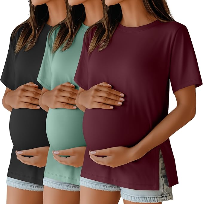 Ficerd 3 Pack Women's Maternity T Shirts, Short Sleeve Side Split Pregnancy Tops Casual Crew Neck Pregnant Tees Mama Clothes