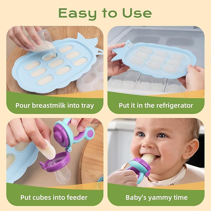 Baby Fruit Feeder Baby Breastmilk Popsicle Molds, Food Freezer Tray Storage Containers, Silicone Pacifier Feeder and Teether, Includes 6 Extra Food Pacifier