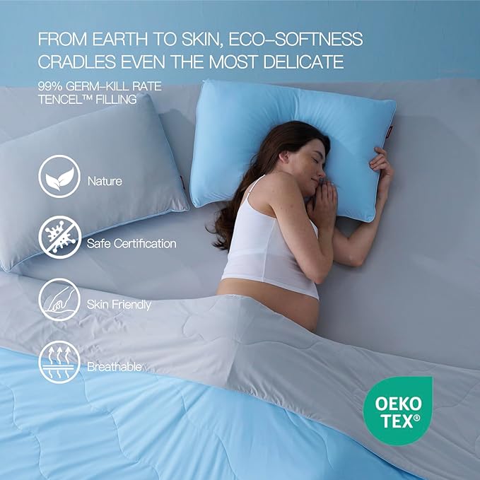 Momcozy Life CoolMurm Cooling Comforter for Hot Sleepers, Twin/Twin XL 68" x90” Soft Breathable Pregnancy Cooling Blanket, 3-Second Cooling, 8 Hours+ Stay Cool All Night, Grey Sky Blue