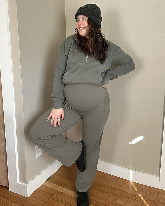 G4Free Maternity Pants Over The Belly Yoga Dress Work Pregnancy Pants Stretchy Lounge Wide Leg Trousers with Pockets