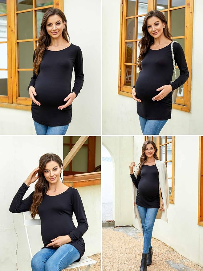 Ecavus Women's Maternity Shirts Long Sleeve Soft Stretchy Pregnancy Tops Side Ruched Casual Mama Clothes