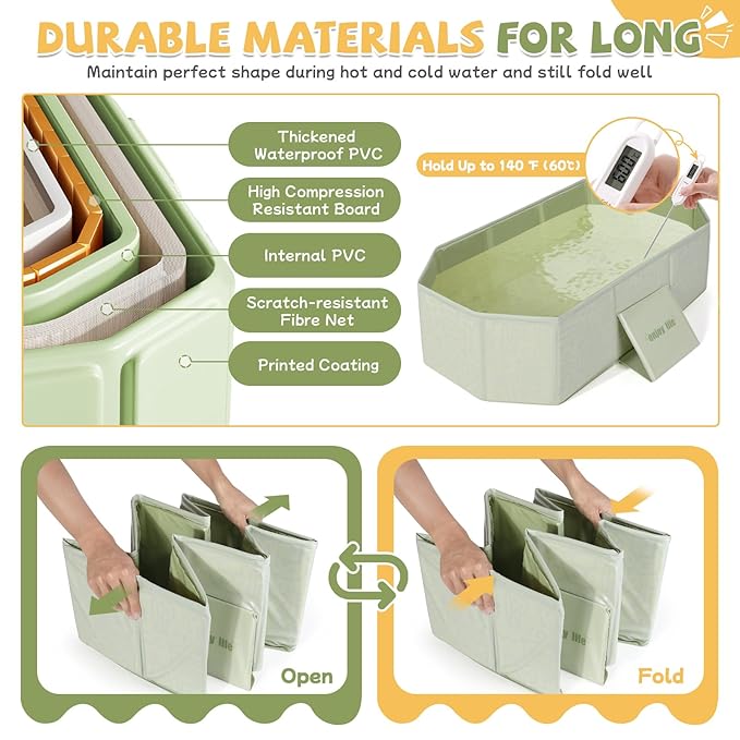 Orzbow Collapsible Baby Bathtub, Toddler Bathtub with Non-Slip Base, Portable Bath Tub for Kids Infant 12 Months+ Travel, Easy to Clean, Stable & Durable, Space-Saving, Green