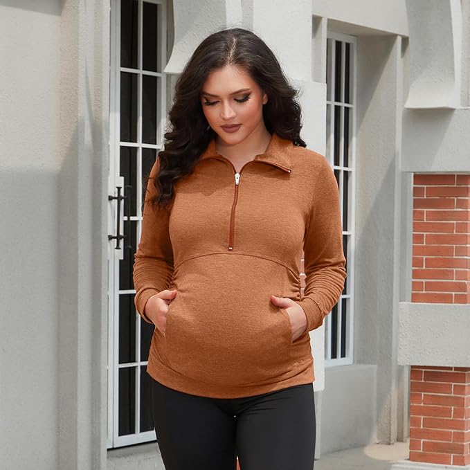 GINKANA Maternity Women's Long Sleeve Shirt Half Zipper Lapel Lightweight Casual Maternity Pullover with Pockets