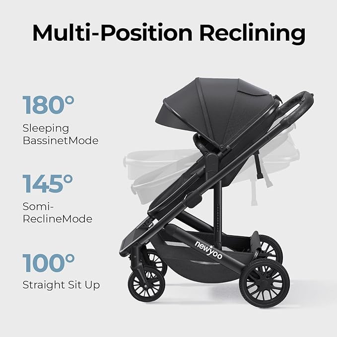 newyoo Bassinet Stroller for Infant, Nestro 516M, Convertible Baby/Toddler Strollers w Reversible Seat & Cup Holder, Coches para Bebes, 2-in-1 Rear-Facing Pram, One-Hand Quick Fold, Black
