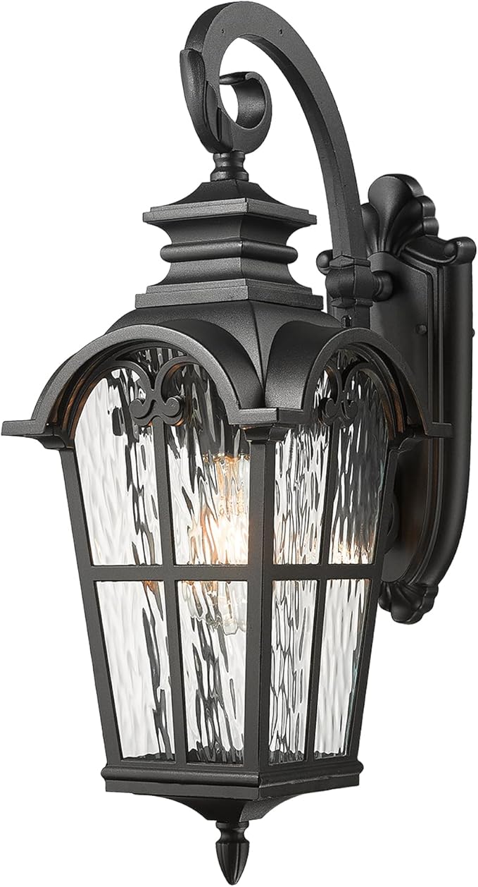 Outdoor Wall Lamps Aluminum Outside Light Fixtures for House 24 Inch Height Large Size Exterior Porch Lights Wall Mount with Water Ripple Glass Black Finish