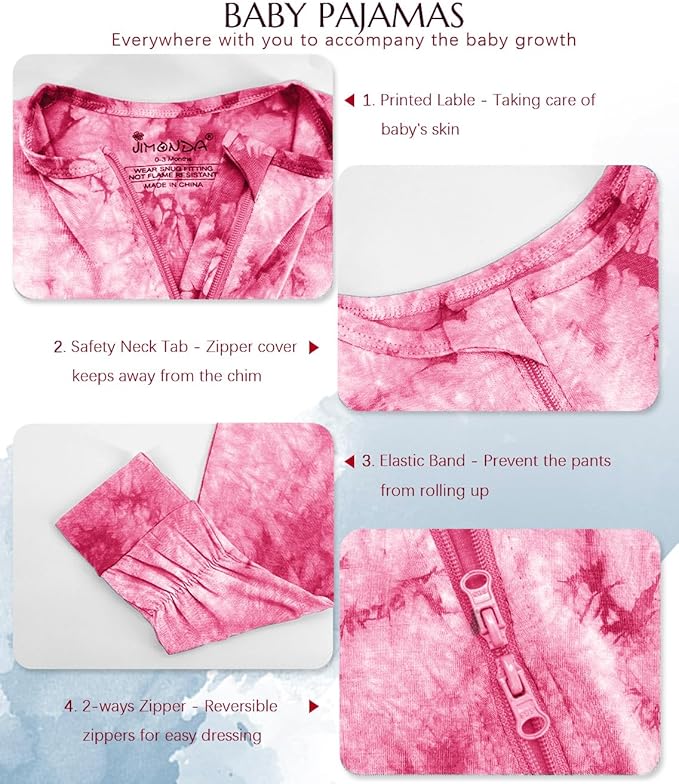 Jimonda Baby Girls Boys Footless Pajamas,Rayon From Bamboo Pjs 2 Way Zipper Long Sleeve Soft Sleeper,Infant Tie-dye Romper