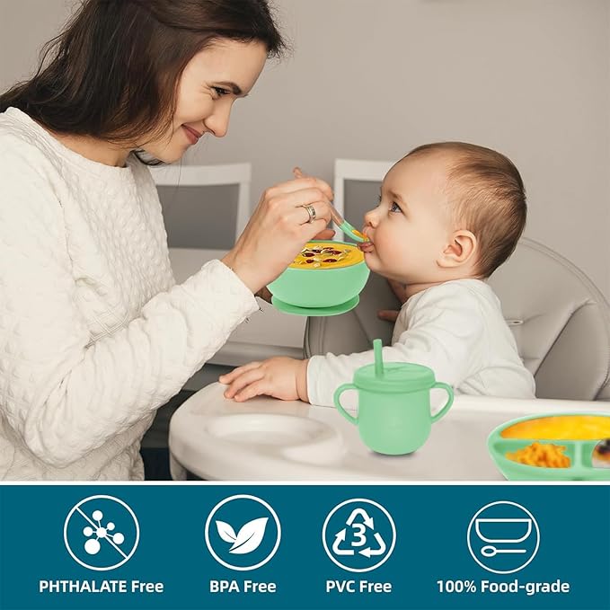 100% Silicone Baby Feeding Set,BPA Free Baby Dishes Set with Suction Bowl Divided Plate,Toddler Self Feeding Dish Set with Spoons Forks Sippy Cup and Bib, Baby Eating Utensils (Neon Green)
